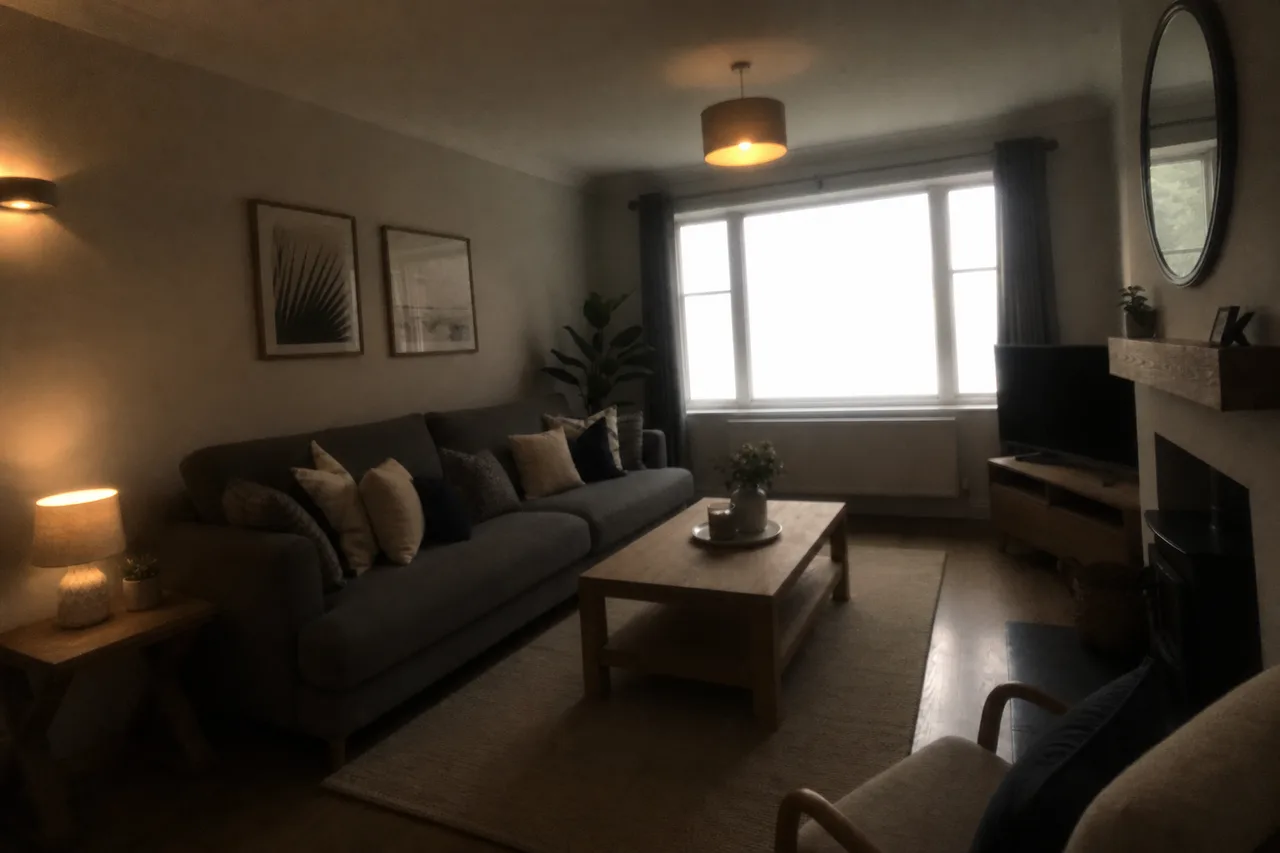 The same living room as a dim, dingy phone snap