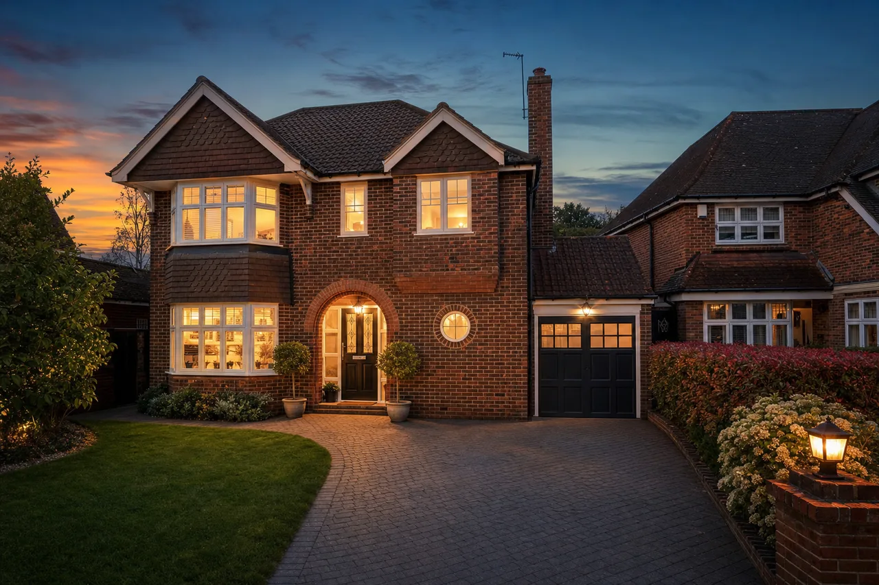 The same house exterior at warm twilight